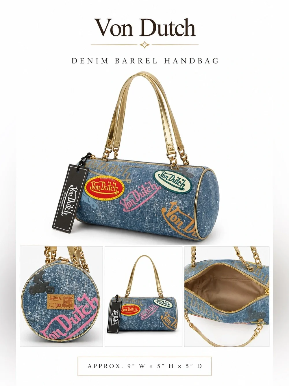 Von Dutch Blue Denim Barrel Bag with Gold Handles and Colorful Patches